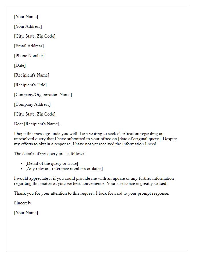 Letter template of request for clarification on unresolved query