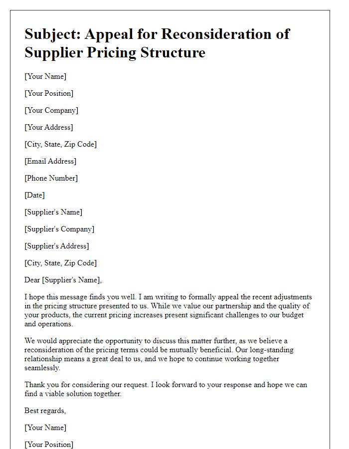 Letter template of appeal for reconsidering supplier pricing structure