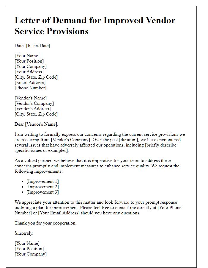 Letter template of demand for improved vendor service provisions