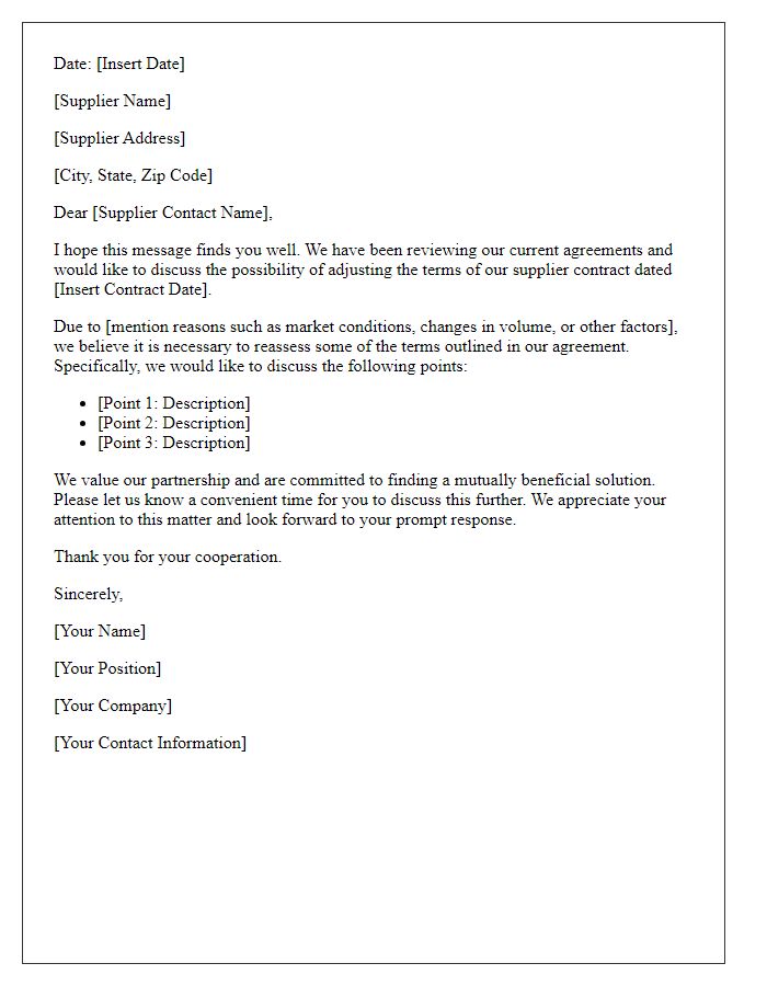 Letter template of inquiry for adjusting supplier contract terms