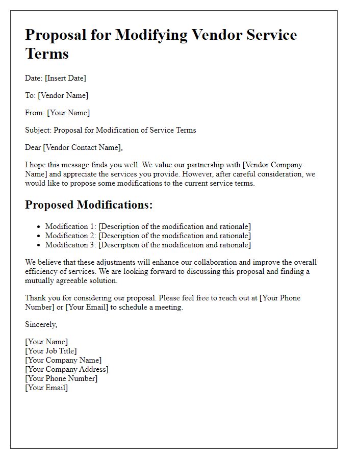 Letter template of proposal for modifying vendor service terms