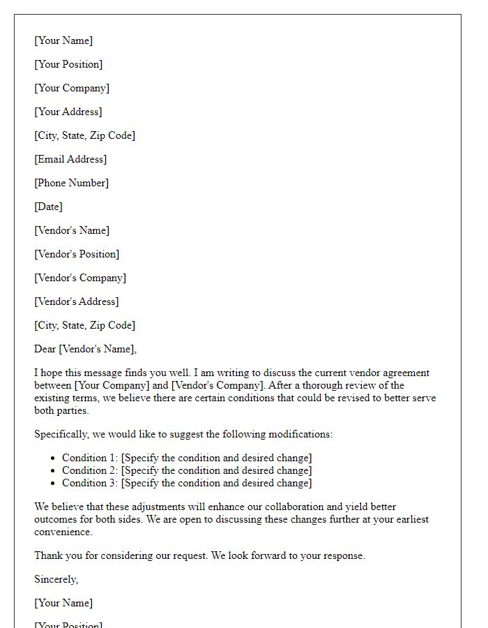 Letter template of request for revising vendor agreement conditions