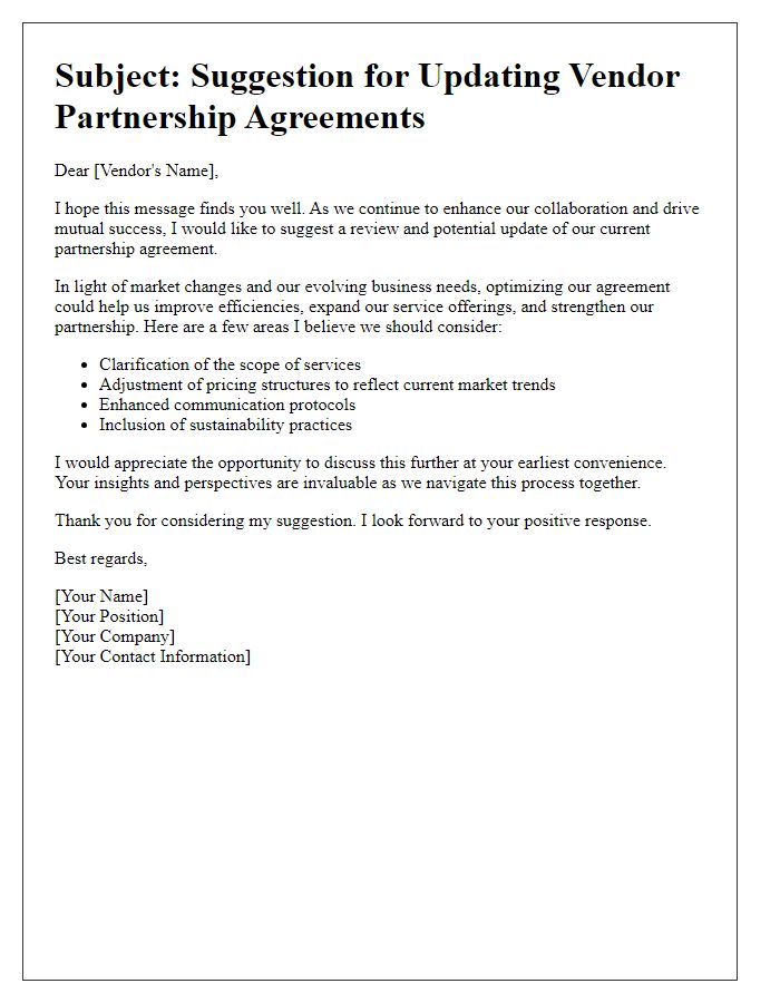 Letter template of suggestion for updating vendor partnership agreements