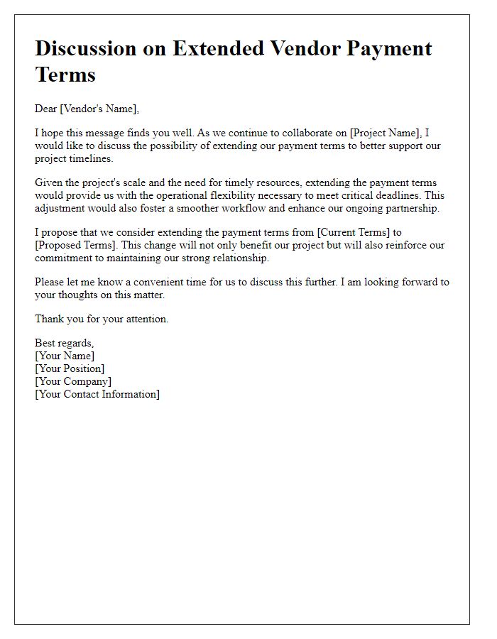 Letter template of discussion for extended vendor payment terms to support project timelines.