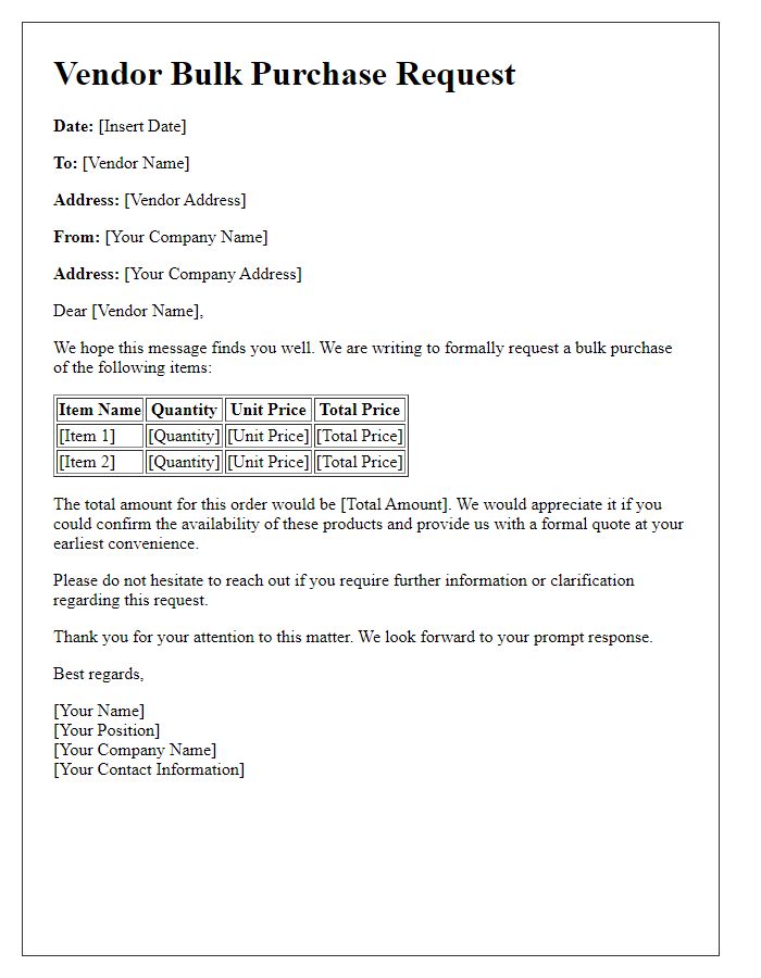 Letter template of vendor bulk purchase request