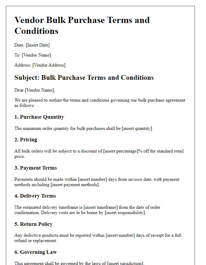 Letter template of vendor bulk purchase terms and conditions