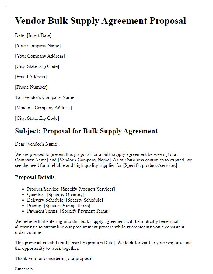 Letter template of vendor bulk supply agreement proposal