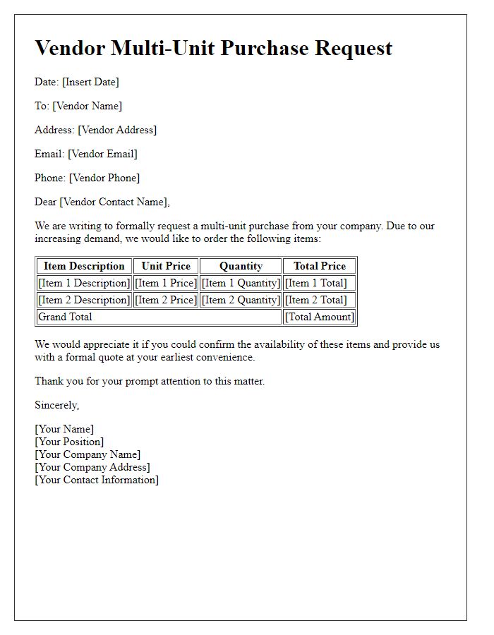 Letter template of vendor multi-unit purchase request