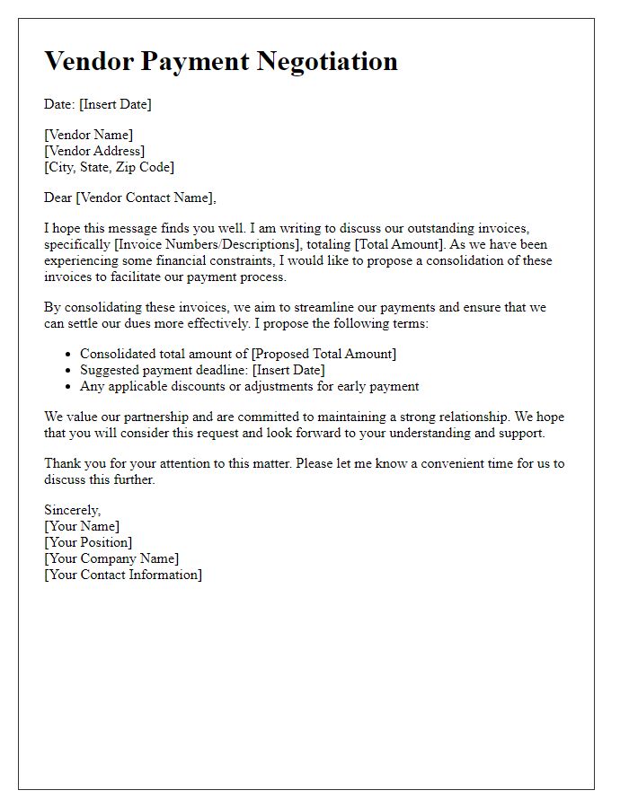 Letter template of vendor payment negotiation for multiple invoices consolidation