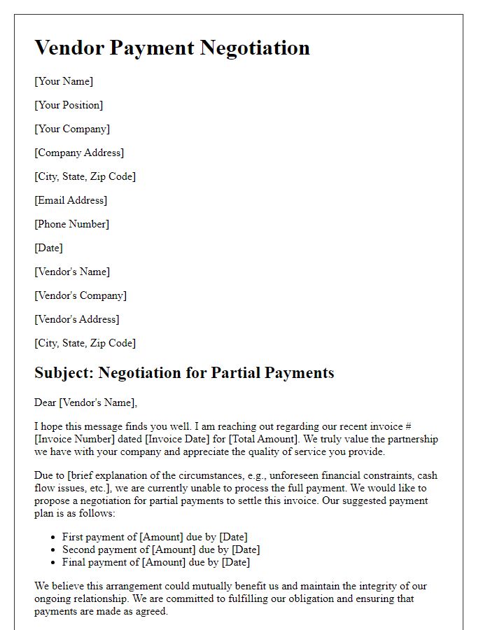 Letter template of vendor payment negotiation for partial payments