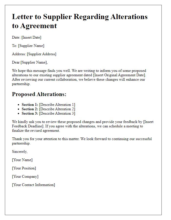 Letter template of alterations to supplier agreement