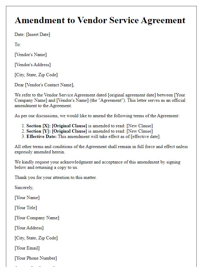 Letter template of amendment to vendor service agreement