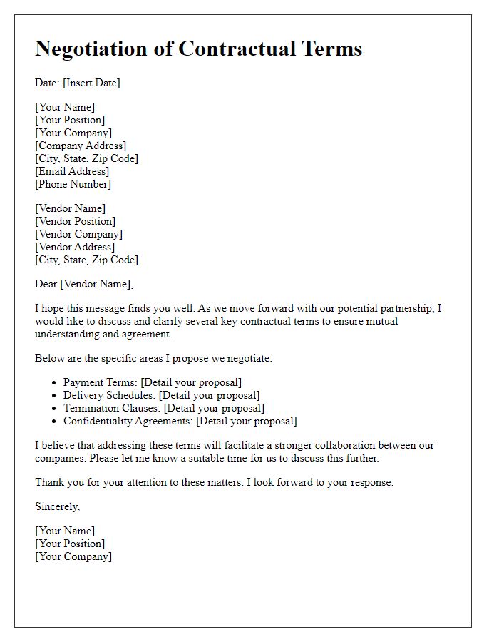 Letter template of contractual terms negotiation with vendor