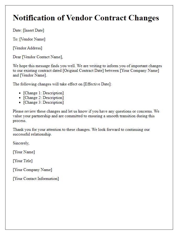 Letter template of notification for vendor contract changes