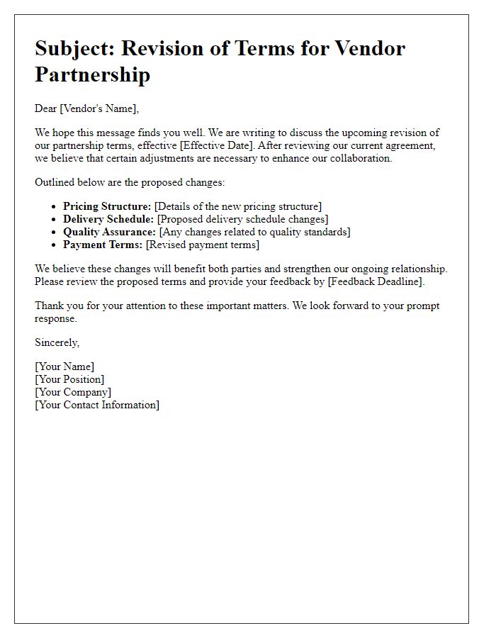 Letter template of terms revision for vendor partnership