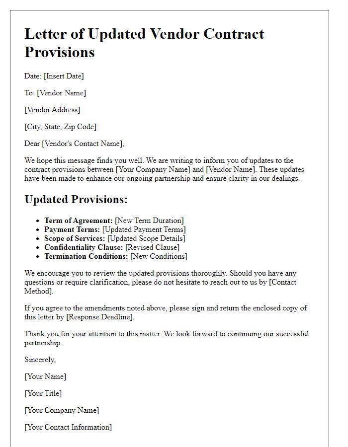 Letter template of updated vendor contract provisions