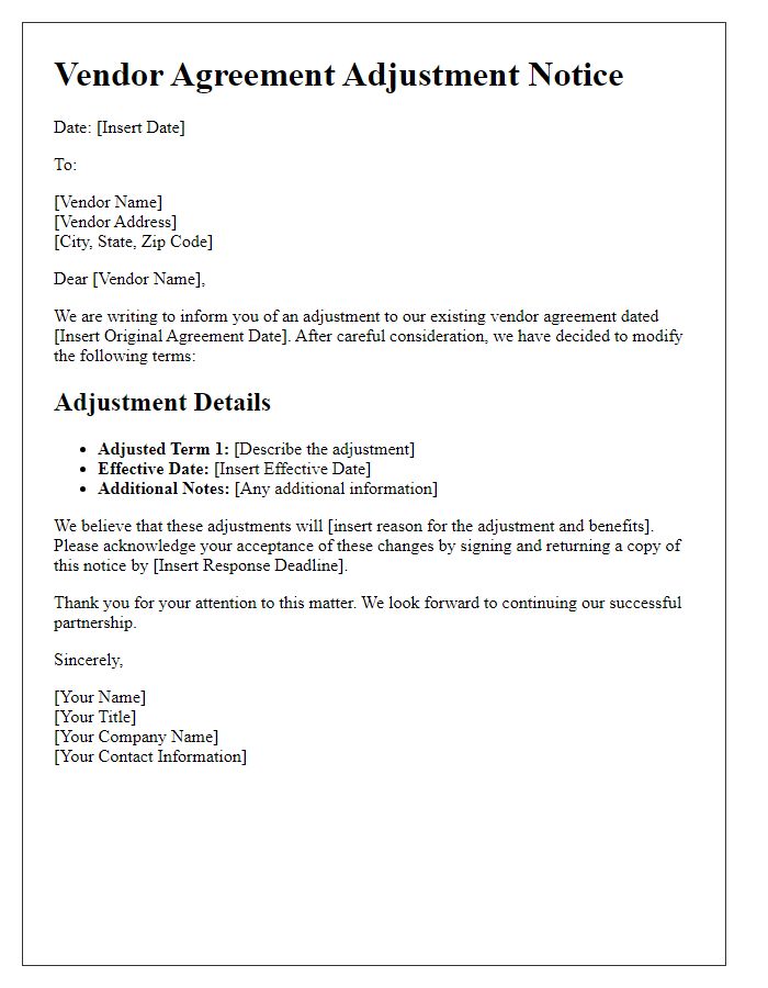 Letter template of vendor agreement adjustment notice