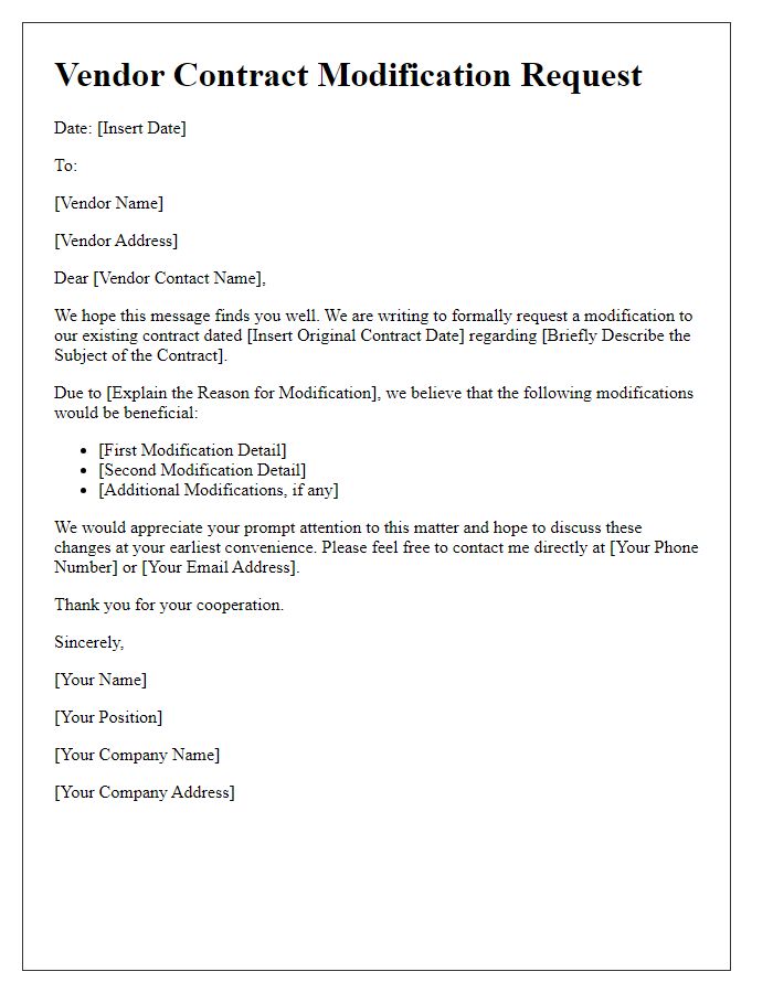 Letter template of vendor contract modification request