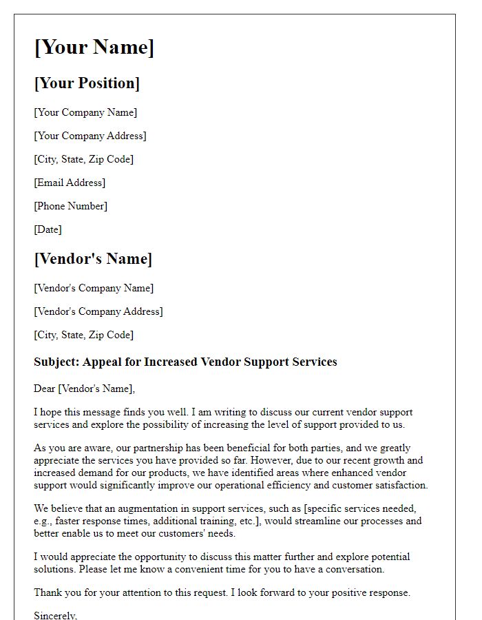 Letter template of appeal for increased vendor support services