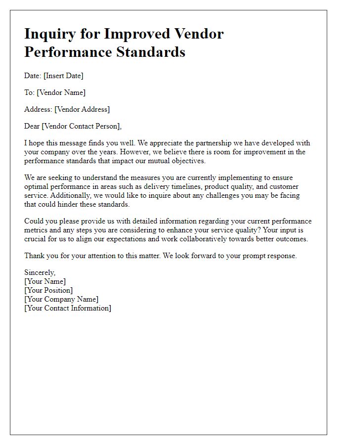 Letter template of inquiry for better vendor performance standards