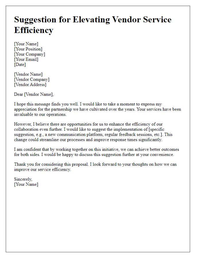 Letter template of suggestion for elevating vendor service efficiency