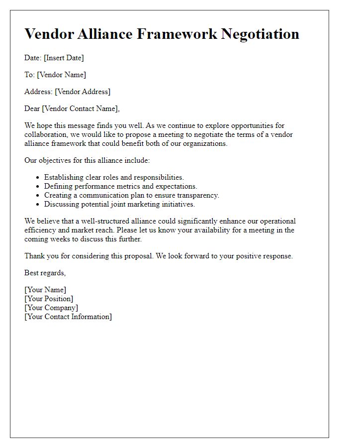 Letter template of vendor alliance framework negotiation