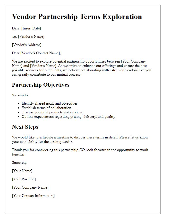 Letter template of vendor partnership terms exploration