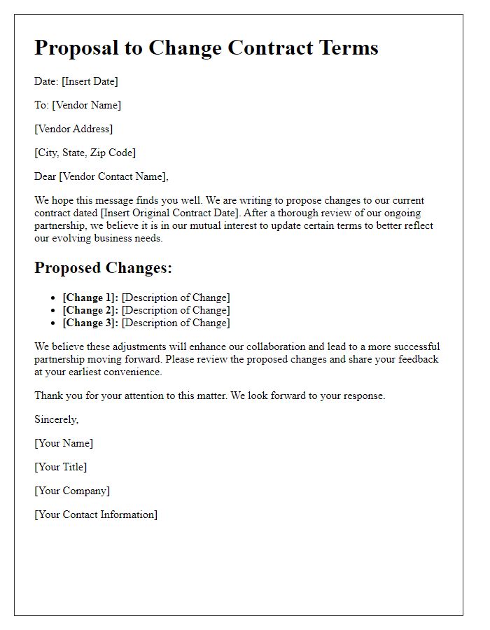 Letter template of contract terms change proposal to vendor