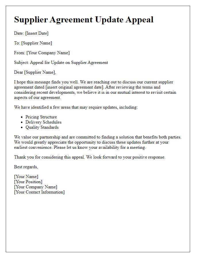 Letter template of supplier agreement update appeal