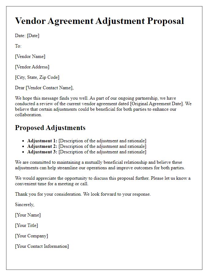 Letter template of vendor agreement adjustment proposal