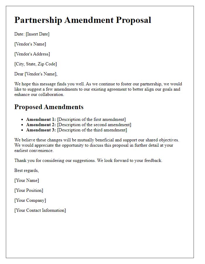 Letter template of vendor partnership amendment suggestion