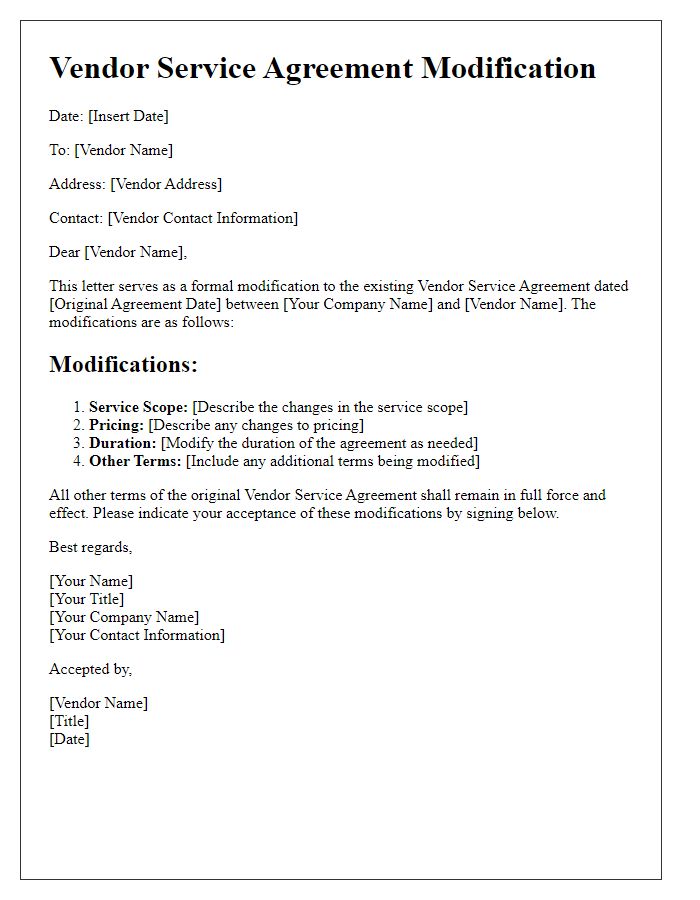 Letter template of vendor service agreement modification