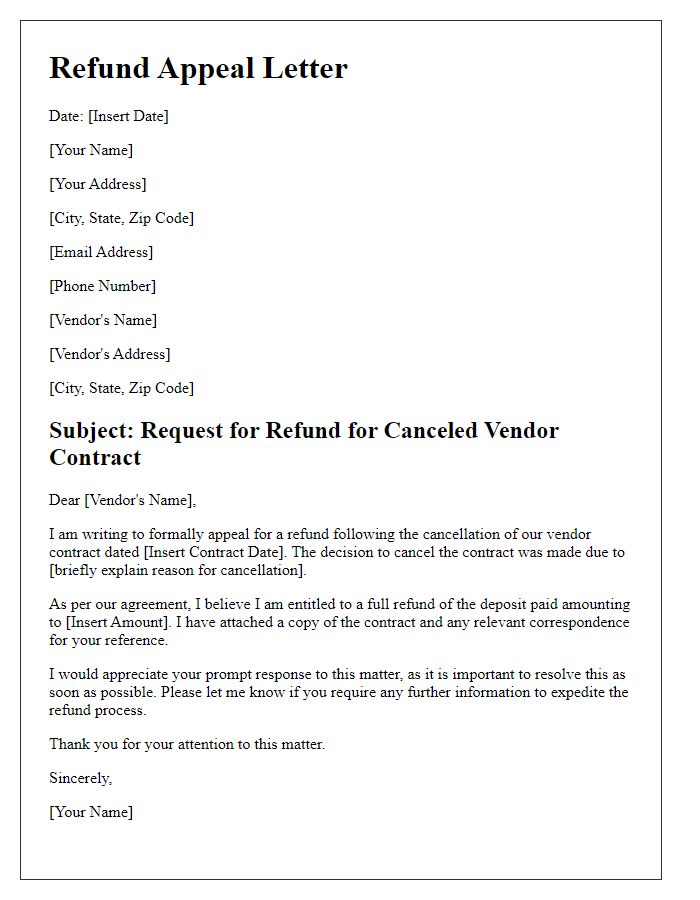 Letter template of refund appeal for canceled vendor contract