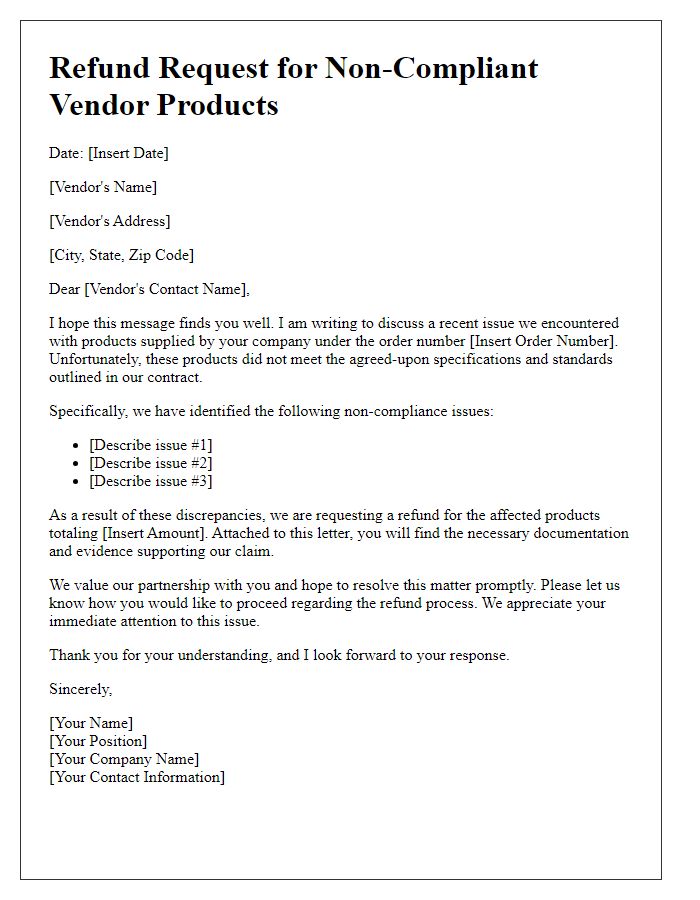 Letter template of refund discussion for non-compliant vendor products