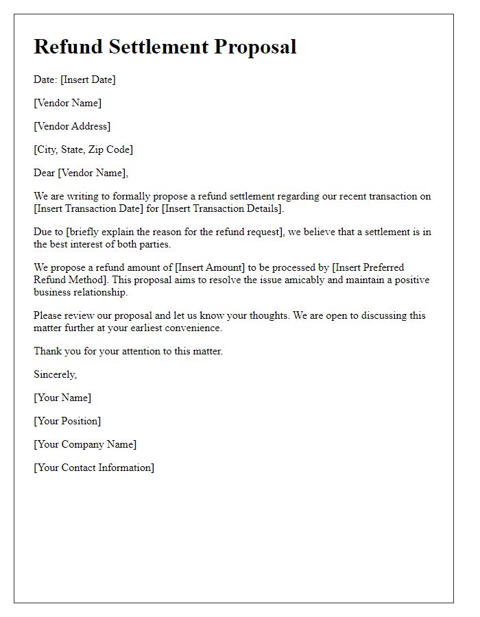 Letter template of refund settlement proposal for vendor transaction