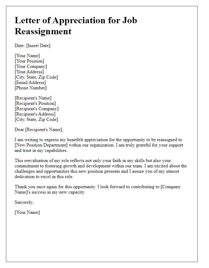 Letter template of appreciation for job reassignment.