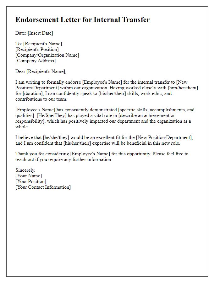 Letter template of endorsement for internal transfer.