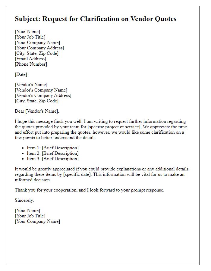Letter template of asking for explanations on vendor quotes