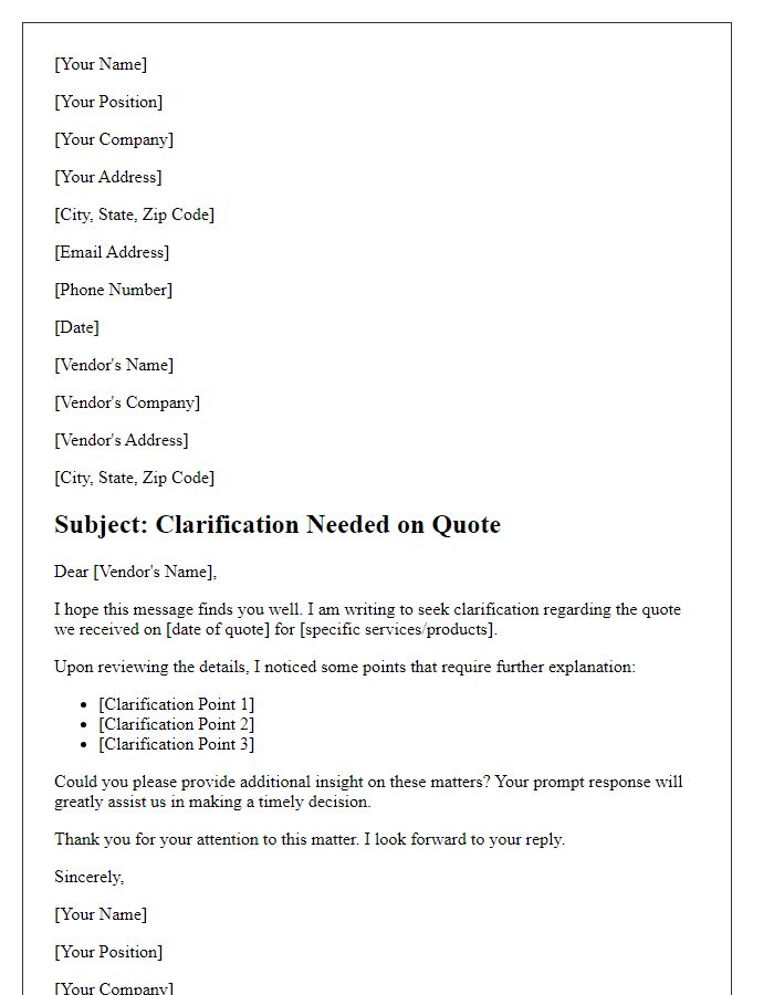 Letter template of clarification needed on vendor quote