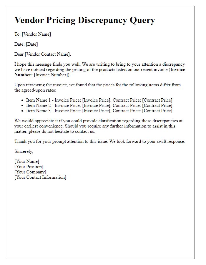 Letter template of query for vendor pricing discrepancies