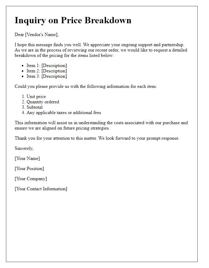 Letter template of questioning vendor price breakdown