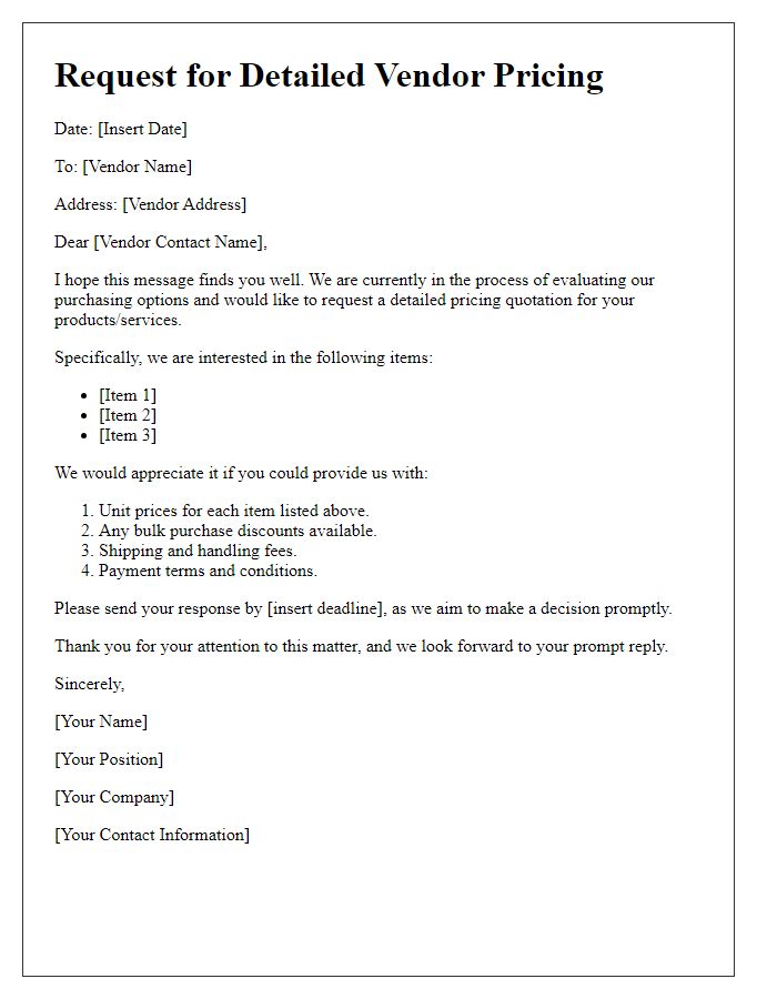 Letter template of request for detailed vendor pricing