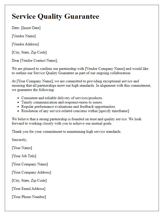 Letter template of Service Quality Guarantee for Vendor Partnerships