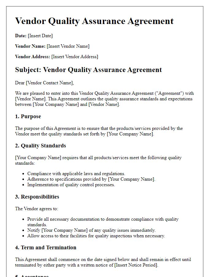 Letter template of Vendor Quality Assurance Agreement