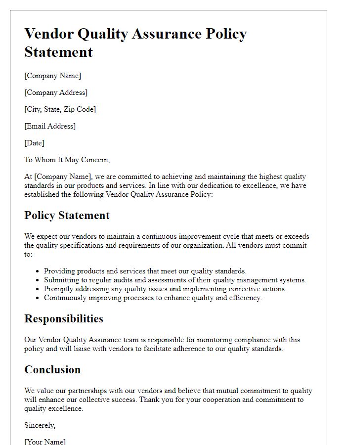 Letter template of Vendor Quality Assurance Policy Statement