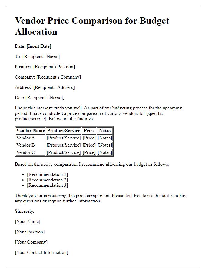 Letter template of vendor price comparison for budget allocation