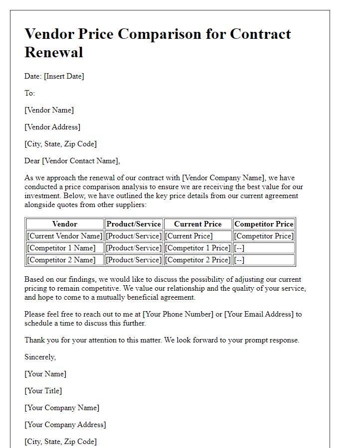 Letter template of vendor price comparison for contract renewal