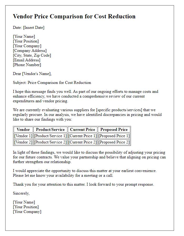 Letter template of vendor price comparison for cost reduction