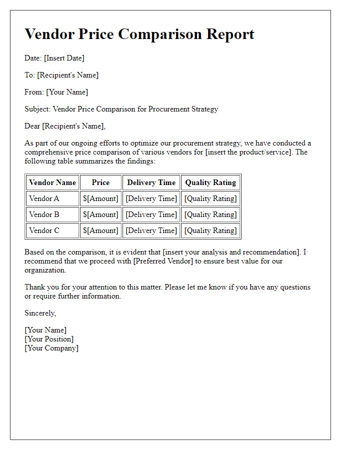 Letter template of vendor price comparison for procurement strategy