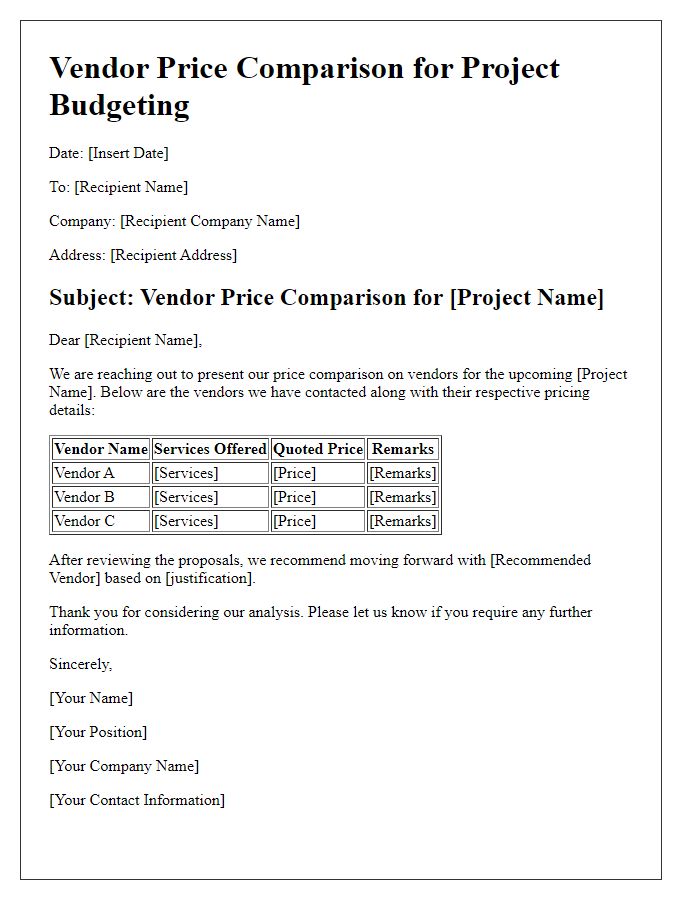 Letter template of vendor price comparison for project budgeting